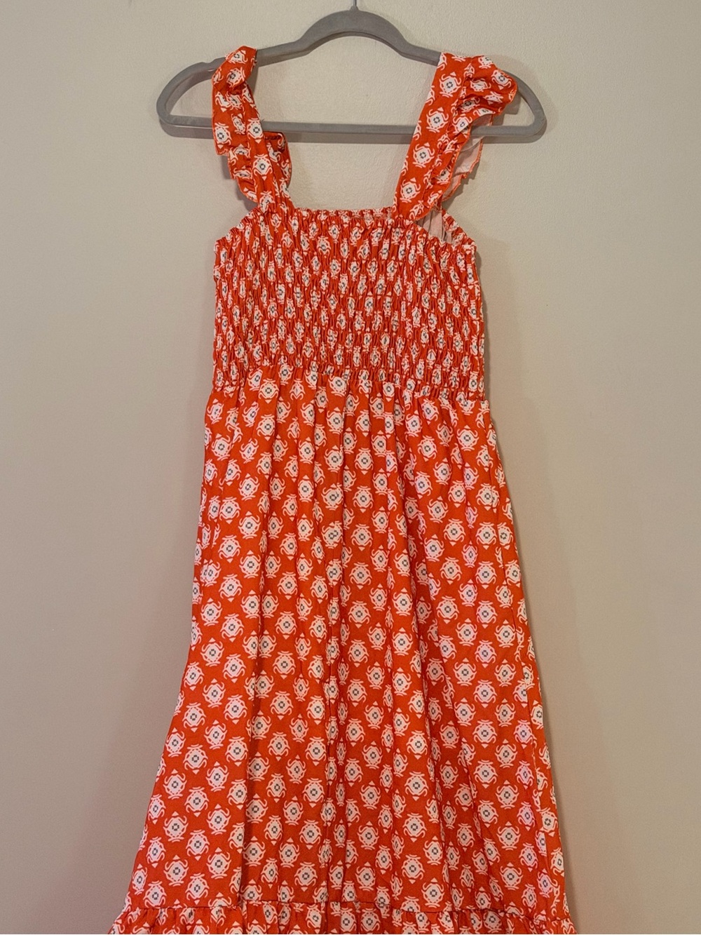 Orange & White Smocked Maxi Dress with Ruffle Straps